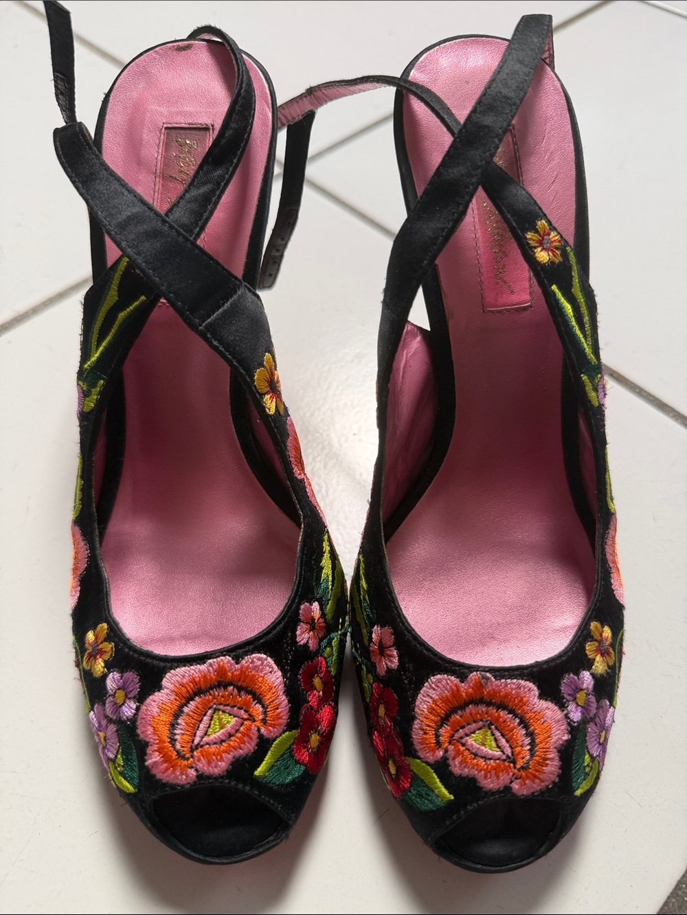 Betsey Johnson Black Embroidered Peep-Toe Heels with Pink Lining